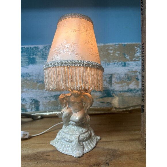 Vintage Cherub Lamp With Fringe Shade Painted Metal - Picture 1 of 9